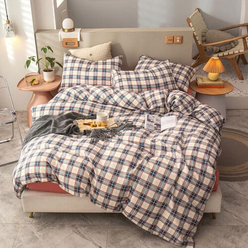 Papa&Mima Blue Beige Stripes Plaids Lines Duvet Cover Set Cotton Queen Size Bedding Set Bedlinens Flat Sheet Pillow Cases