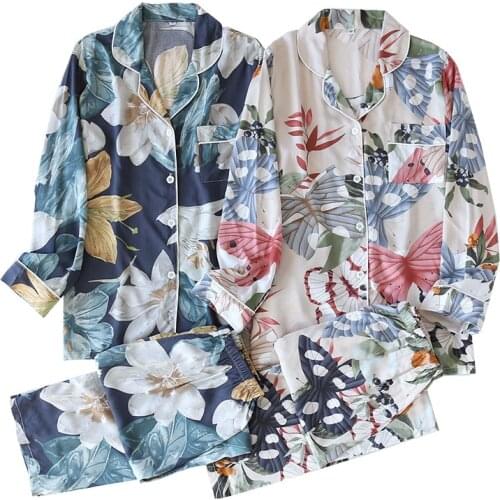 Spring Summer Cotton Satin Full Sleeved Cardigan+Pants Womens Flower-Shaped Pajamas Set Lapeled Thin & Cool 2Pcs Homeware