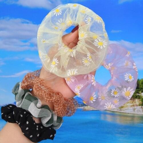 Sweet Embroidery Flowers Mesh Scrunchies Women Romantic Pink Blue Hair Rope Transparent Tulle Organza Hair Ties Hair Accessories