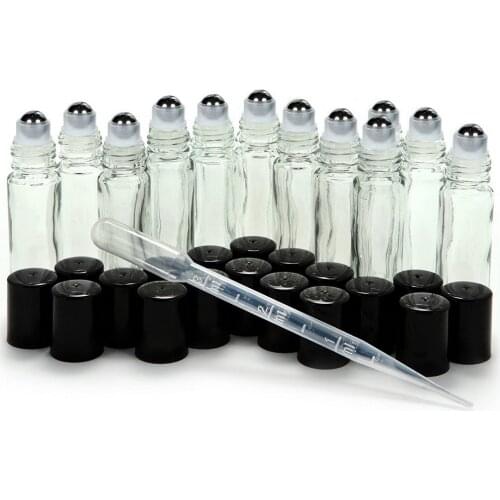 12pcs 10ml Roller Bottle for Essential Oils Empty Clear Plain Glass Bottles with Stainless Steel Roll On Ball for Perfume Travel