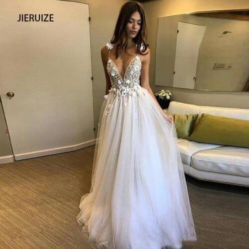 JIERUIZE Sexy Tulle 3D Flowers Pearls Summer Wedding Dresses Deep V-neck Spaghetti Straps Beach Wedding Gowns vestido de noiva