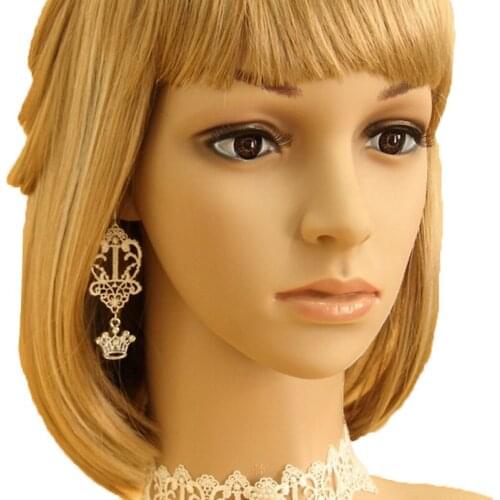 Silver Crown Cutout Crystal Drop Floral White Lace Dangle Earrings Hook Elegant Womens Handmade Bridal Bridesmaid Wedding Lolita