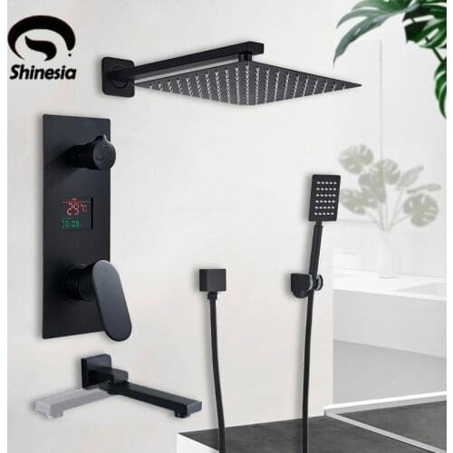 Shinesia Concealed Matte Black Bathroom Shower Faucet Set Digital Display Waterfall Bathtub Mixer Tap 8/10/1/16 Inch Shower Head