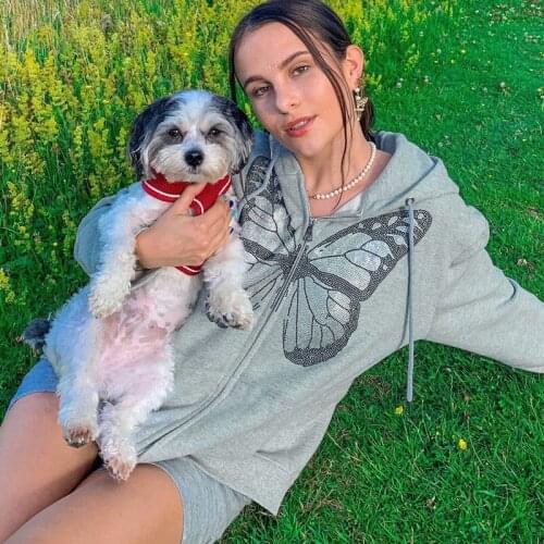 Zip Up Hoodies Butterfly Graphic Rhinestone E-girl Diamond Long Jacket Sweatshirts Autumn Streetwear 90s Oversized Coat Top