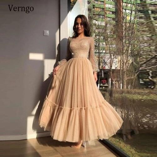 Verngo 2021 Sparkly Champagne A Line Tulle Prom Dresses Long Sleeves Sheer Scoop Neck Ankle Length Formal Party Evening Gowns