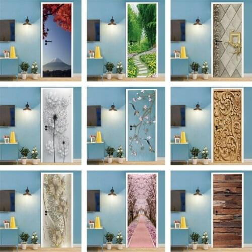 3D Scenery Door Sticker Flower Wooden Wallpaper Door Peel & Stick Vinyl Wall Poster Decal Home Decor Deurstickers DIY Art Mural