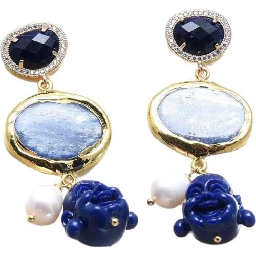 GuaiGuai Jewelry Natural Blue Kyanites Blue Resin Buddha White Pearl CZ Pave Sodalites Stud Earrings Handmade For Women
