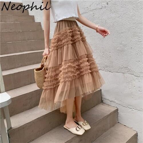 Neophil Women Asymmetrical Mesh Tulle High Waist Long Skirts 2021 Autumn Faldas Larga Ball Gown Black Flare Tiered Skirt S21814