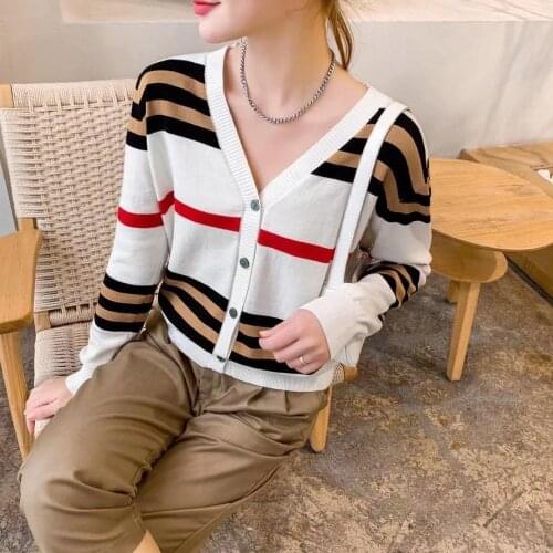 2021 spring new Korean version of loose color matching v-neck stripe knitted cardigan long sleeve coat shirt jacket women