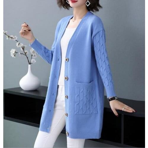 2021 Autumn Knitted Cardigan Women Sweater V Neck Solid Vintage Loose Knitwear Ladies Tops Single Breasted Casual Clothes H1413