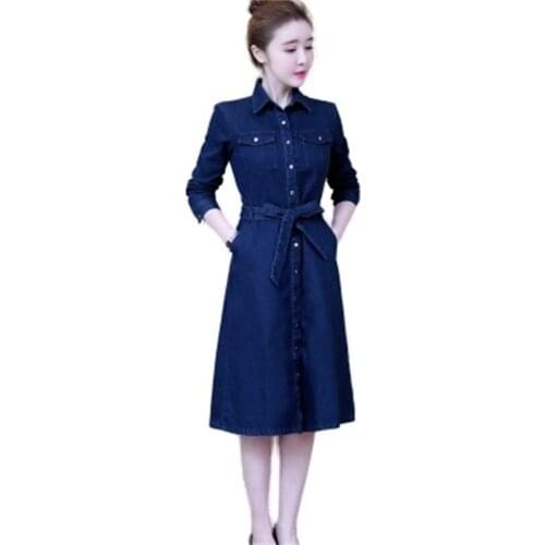 Women dress Denim dress 2018 spring new blouse collar long sleeve long section waist was thin A word denim dress women