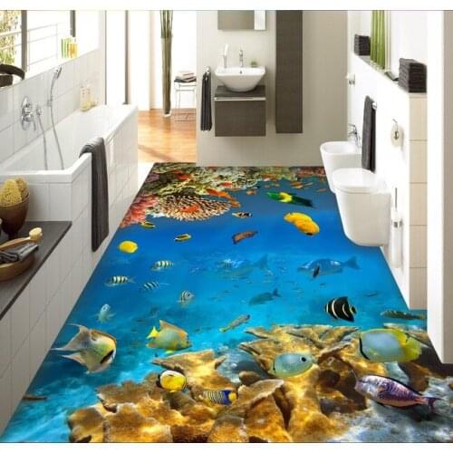 3 d pvc flooring custom wall sticker 3d Reef fish in the sea world 3 d bathroom flooring painting photo wallpaper for walls 3d