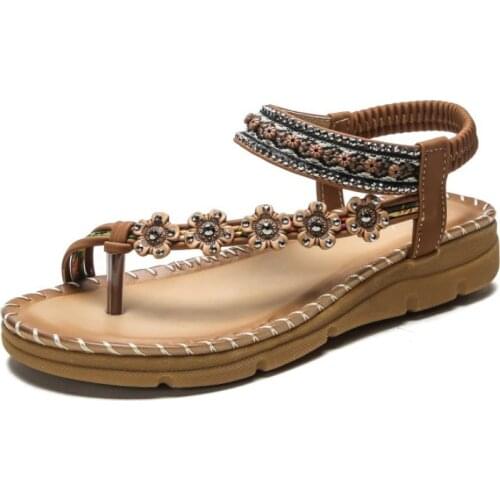 Bohemian style Women sandals summer shoes flat pearl sandals comfortable string bead ethnic style women sandals size 35 - 42