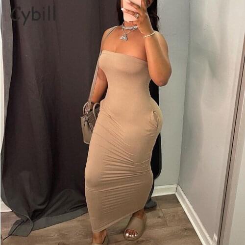 Cybill Solid Pocket Tube Bodycon Dress Women Beach Holiday Sunmmer Midi Dress Club Party Pencil Dresses Women
