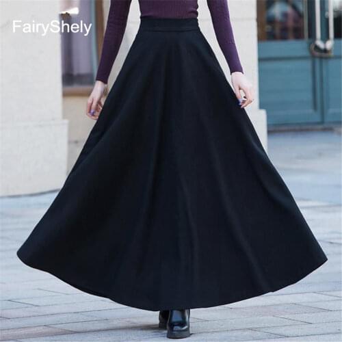 FairyShely 2020 Autumn Winter Retro High Waist Pleated Skirt Women Casual Pocket Woolen Maxi Skirt female Flare Red Long skirt