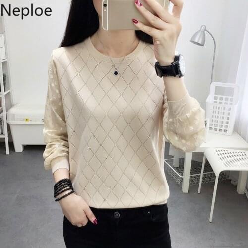 Neploe Korean Hollow Out Lace Blouse Women Loose Pullover Knit Short Long Sleeve Sweater Shirt Autumn Winter Patch Blusas 46355