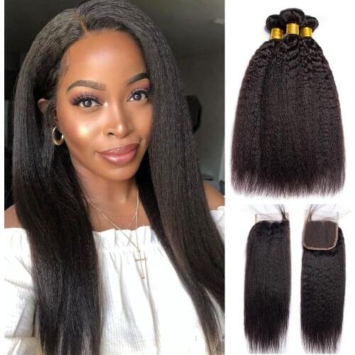 Kinky Straight 3 Bundles With Closure Alibele Yaki Remy Human Hair Bundles With Closure Hair Weave Bundles With Closure