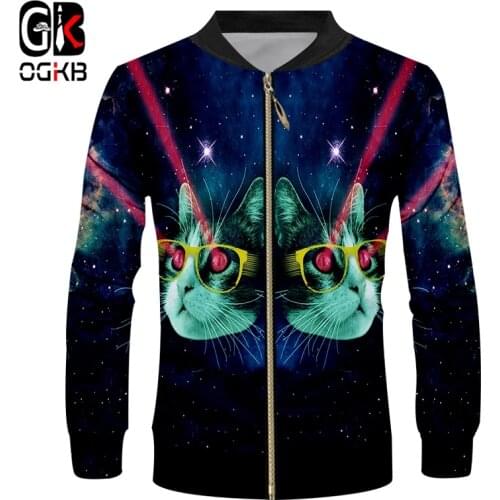 OGKB Jacket 2018 New Star cat ray Zip Jacket Funny Purple Galaxy Space 3D print Autumn cat Casual Cardigan Outwears Zip Jacket