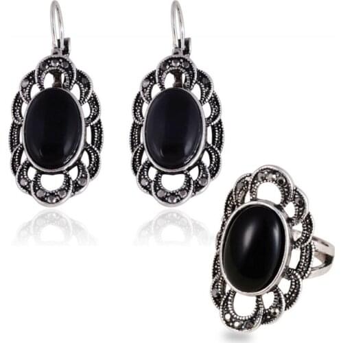 Charm Vintage Indian Antique Silver Plated Oval Flower Bead Black Stone Rings And Earrings Jewelry Sets For Women Gift