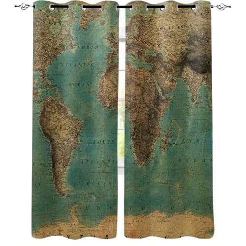 Retro Map Of The World Window Curtains For Living Room Bedroom Home Decoration Panels For Kitchen Kids Curtains