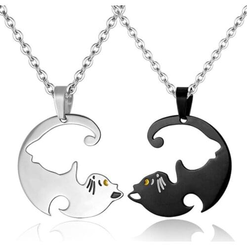 Stainless Steel Hug Cat Stitching Pendant Necklace Trendy New Couple Necklace Men & Women Fashion Jewelry