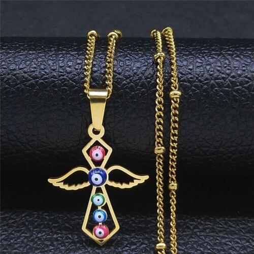 Stainless Steel Colorful Turkey Eyes Wings Cross Charm Necklaces for Women Gold Color Islam Necklaces Jewelry oeil turc N5235S03