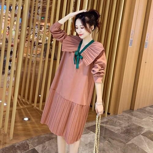 Maternity Dress Spring Autumn New Tide Mom Loose Plus Size Sweet Doll Collar Pleated Pregnancy Dress Fashion Casual Elbise f2654