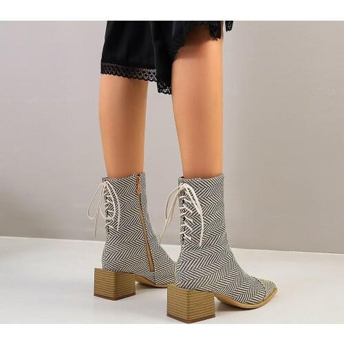 Women Hot Boots Embossed Fetish Ankle Boots Cheap Prom Square High Heels Herringbone 2021 Spring Autumn Shoes botines mujer