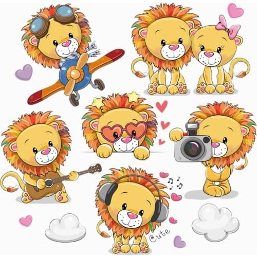 Cute Cartoon Animals Lion unicorn DIY Heat Transfer Patches for Clothing Applique Baby Iron on Clothes Decoration Combination