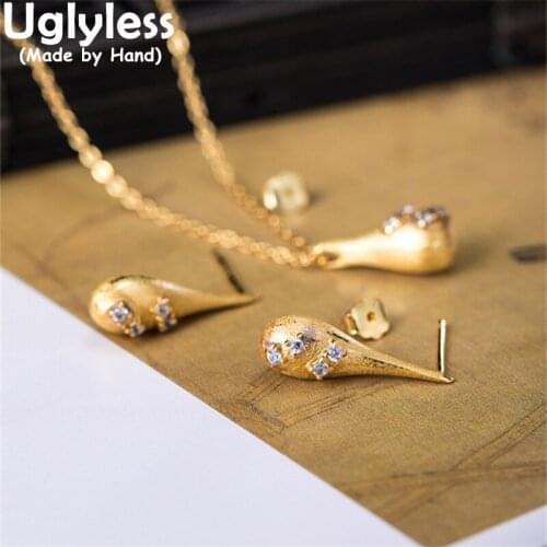 Uglyless Elegant Water Drop Jewelry Sets for Women Hollow 925 Silver Earrings Necklaces Sparkly Crystals Pendants + Chains Gold