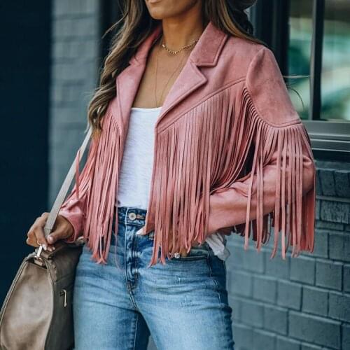 Faux Suede Jacket Women Motorcycle Lapel Handsome Jacket Fall 2020 Ladies Solid Fringed Short Coat Women Jackets Dropshipping