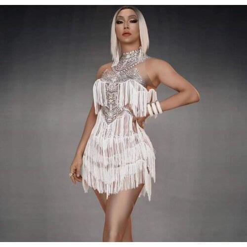 Women White Tassels Printing Halter Sleeveless Performance Costumes Fashion Sexy Womens Pole or Latin Dress Female Dancing Wear