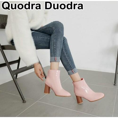 New Winter short shoes chunky High Heels Women Fashion Boots Square Heels Womens Ankle Boots Solid Ladies size 33-48 43 44 pink