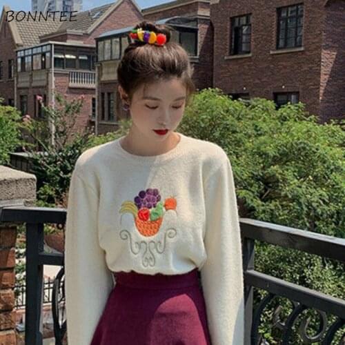 Women Pullovers O-Neck Full Sleeve Embroidery Knitting Sweet Tender Fruits Printed Warm Fresh Korean Style Cute Simple Hot Sale