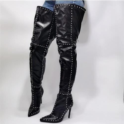 Female Botas Overknee Long Stiletto Leather Thigh High Crotch Dance Boots Rivets Sexy Ladies High Heel Runway Trendy Shoe Woman