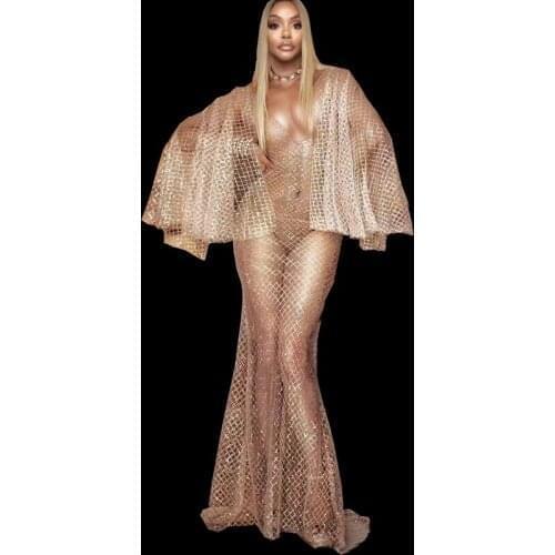 Sparkly Sequined Cloak Sleeve Elegant Long Dress Women Sexy Mesh See Through Evening Birthday Celebrate Party Dresses Stage Wear