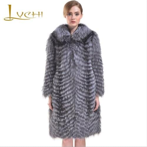 LVCHI 2019 New Strip Real Fur silver Fox Coats Womens warm jacket Natural soft warm Fox collar Fashion Furs luxurious Coat