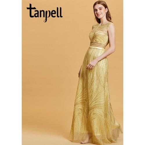 Tanpell lace gilding evening dress daffodil sleeveless floor length a line gown women party formal long backless evening dresses