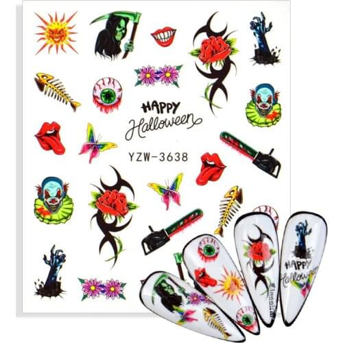 1pc Halloween Water Transfer Nail Art Stickers Decals Nails Decorations Manicure Tools Pumpkin Skull Eyes Devil Wizard Design