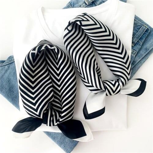 100% Natural Silk Scarf for Women Small Striped Neck Band Bag Tie White Black Hair Scarves Lady Foulard Bandana Kerchief