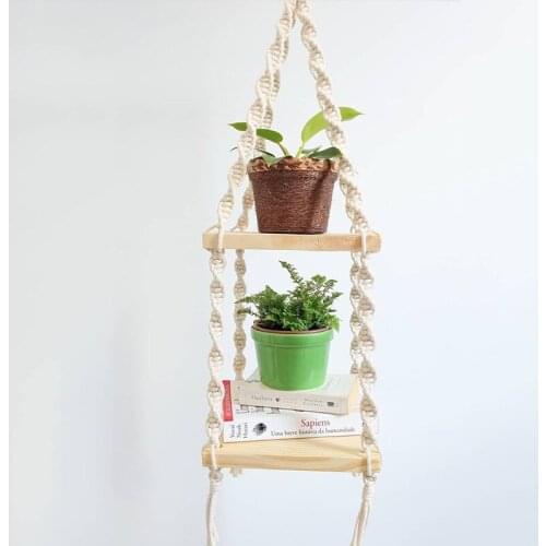 3 layer Wooden Hanging Rope Shelf Handmade Solid Wood Floating Shelves Home Decorative Wall Mounted Rack Wall Tray