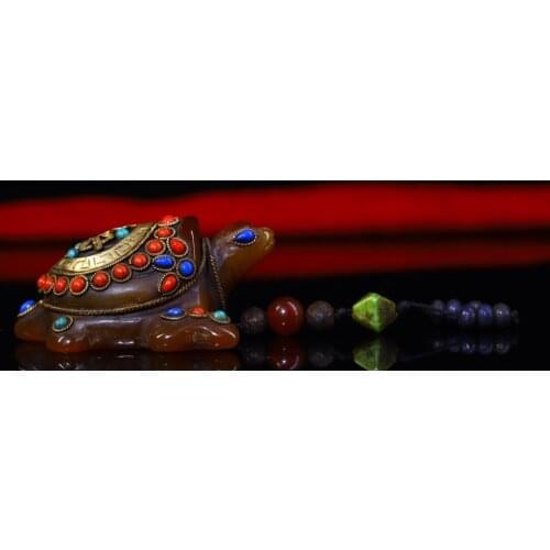 3"Tibet Temple Collection Old Natural agate Filigree mosaic Gem Dzi Bead Tortoise statue Lucky Turtle Pendant amulet Town House