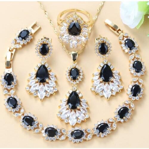 Africa Women Yellow Gold Color Big Jewelry Sets Black Zircon White Crystal Long Stud Earrings/Bracelet/Ring Four-Piece Suit