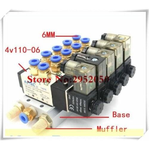 Airtac 5 Way 4V110-06 With LED Indicator Quintuple Electromagnetic Solenoid Valves w Muffler Fitting Base 12v 24v 110v 220v