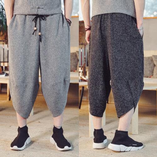Wide Leg Pant Summer Thin Mens Linen Capris Large Loose Black Pant Chinese Style Trend Knickerbockers Japan Streetwear Trousers