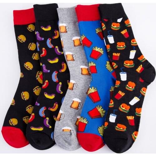 Colorful Hot Dog Hamburg Beer Pattern Novelty Crew Socks Mens Funny Food Kawaii Sokken Creative Casual Cotton Socks For Male