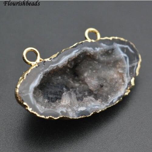 Two Loops on Top Natural Geode Druzy Agate Oval Nugget Stone Pendant Cornucopia Fengshui Jewelry