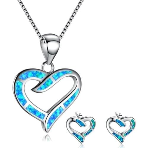 Elegant Heart Pendant Jewelry Set For Women Wedding Party Jewelry Fashion Blue Imitation Fire Opal Necklace With Earrings