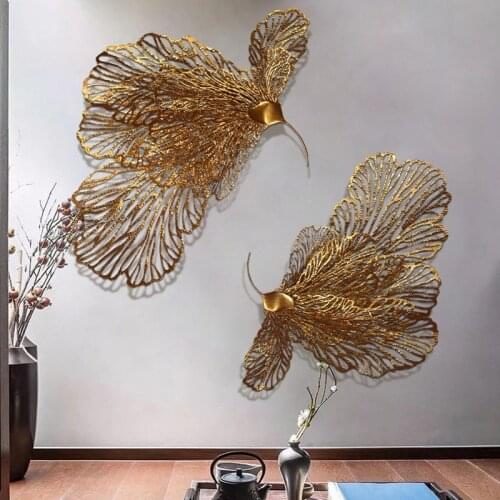 Feng shui Luxury Wrought Iron Wall Hanging Peacock Feather Accessories Home room Wall Sticker Crafts Hotel Wall Mural Decoration