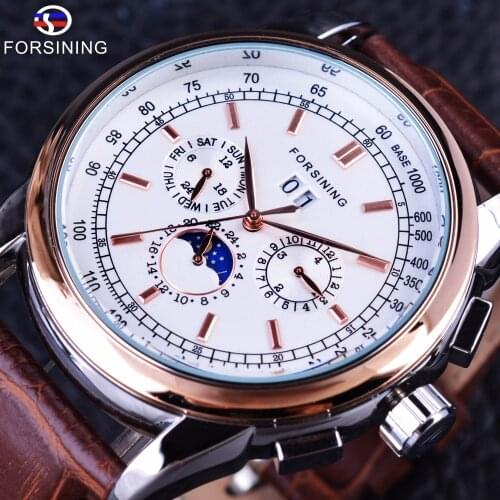 Forsining Rose Golden Elegant Moon Phase Design Calendar Display Brown Leather Mens Watch Top Brand Luxury Automatic Watch Clock